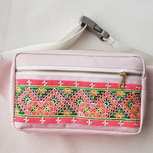 Pink Boxed Heart Hmong Embroidered Fanny Pack Bag for Adults