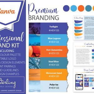 May include: A professional brand kit design with a Canva logo. The kit includes a full-color palette, editable logo, design elements, font pairings, brand guidelines, and design examples. The color palette features shades of blue, orange, and sand.
