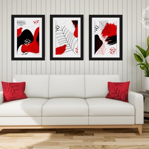 Set of 3 Piece Wall Art Red and Black Abstract Prints for living room, bedroom decor. Large leaf, paint splatter, modern trendy poster
