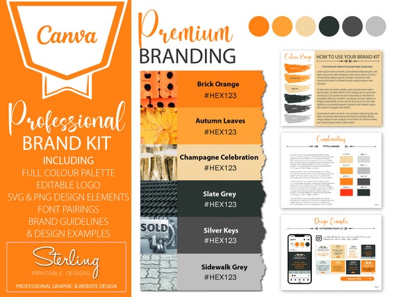 professional brand guidelines integration diagram with color palette swatches and typography samples in orange-themed template