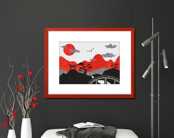 Red and Black Printable Wall Art suitable for Living Room or Bedroom Decor. Japanese Sunset, Red Mountains