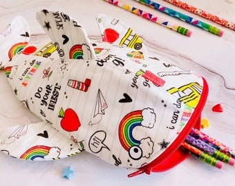 Rainbow Whale Shark Pencil Case, School Doodles, Kids Zipper Pouch
