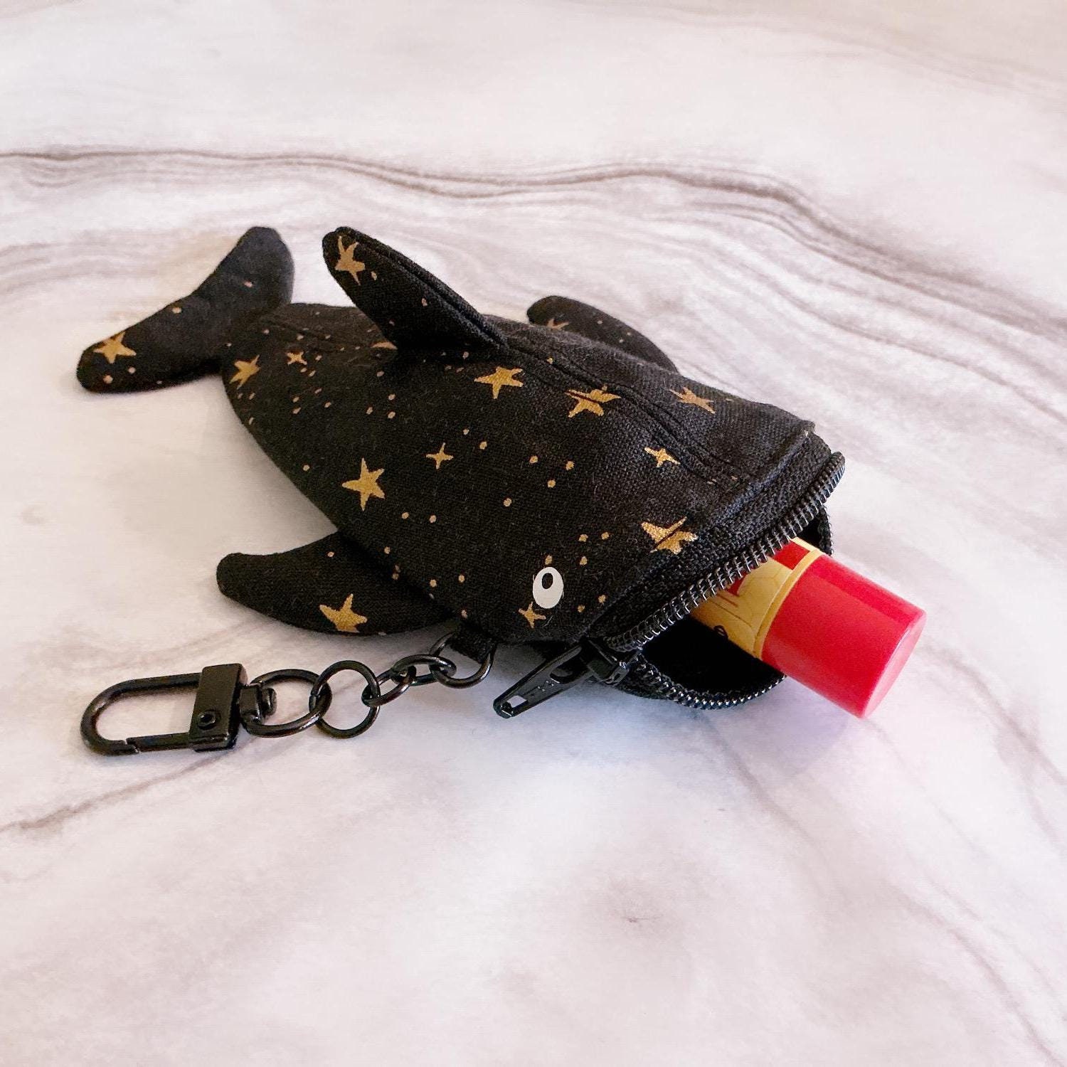 Rifle Paper Co Black Metallic Gold Star Fish Keychain, Fish Coin Purse, Zipper Coin Fish Pouch Keychain, Chapstick Holder, Fish Case