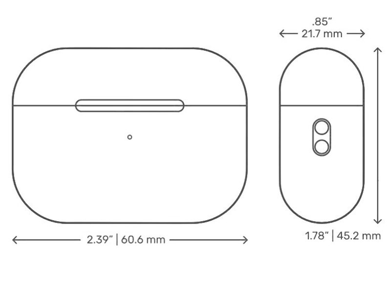 May include: A line drawing of a white, rounded rectangular case and a matching oval-shaped case. The rectangular case is 60.6 mm wide. The oval case is 45.2 mm tall and 21.7 mm wide.