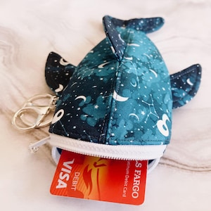 Handmade Shark Coin Purse Keychain: Celestial Starry Night Fabric Wallet