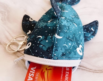 Shark Coin Purse Keychain – Zipper Wallet for Cards & Cash – Celestial Starry Night Fabric – Cute Animal Pouch Gift for Kids and Adults