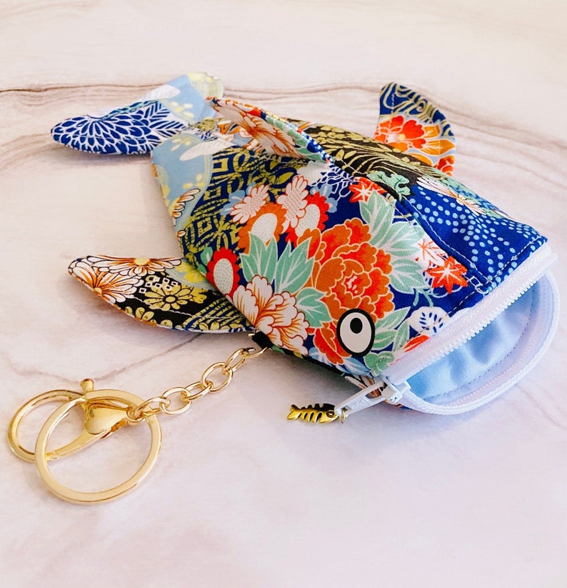 Fits Credit Cards Whale Shark Zipper Keychain Pouch, Japanese Floral ...