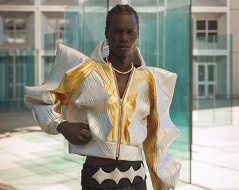 Giacca Galactic Groove — Giacca futuristica retrò in oro e argento