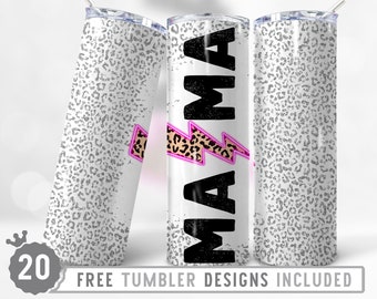 20oz Mama Lighting Leopard Print Skinny Tumbler Wrap Png, Mothers Day, Mom, Cheetah Print, Sublimation,Straight &Tapered Tumbler Png Design