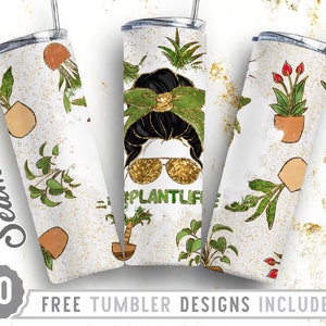 Plantilla de sublimación de diseño de vaso flaco de 20 oz Vida vegetal, moño desordenado, plantación de amor, mamá, envoltura de sublimación vaso recto y cónico, Png