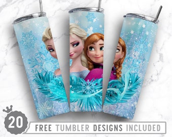 20oz Frozen Skinny Tumbler Sublimation Png, Princess, Cartoon Character, Birthday, Girls, Sublimation, Straight &Tapered Tumbler Png Design