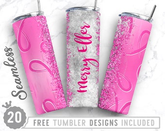 May include: Three pink and white tumbler designs with glitter and pink ribbon accents. The center tumbler has the text "merry & bright" in pink.
