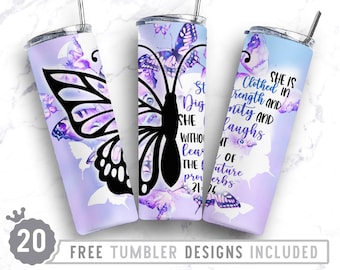 20oz She is Clothed in Strength Skinny Tumbler Sublimation Png, Christian, Bible Quotes, Faith, Cross, Png, Straight &Tapered Tumbler Design