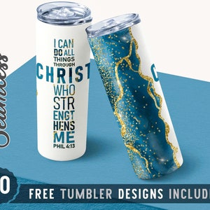 May include: Two stainless steel tumblers. One is white with teal text that reads "I can do all things through Christ who strengthens me, Phil 4:13." The other has a blue and gold marble design. "20 Free Tumbler Designs Included."
