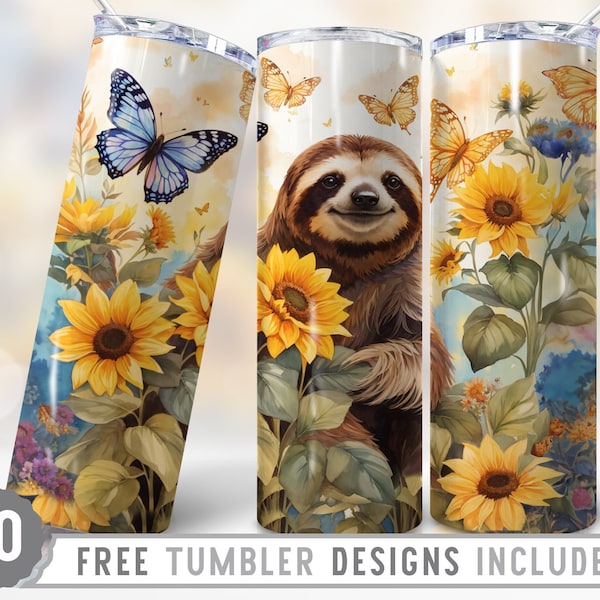 20 Unzen Skinny Tumbler Sublimation Design, süße Faultier Blumen Sonnenblumen, Faultier Papier Quilling, Floral Faultier Wrap, gerades und konisches Tumbler Design