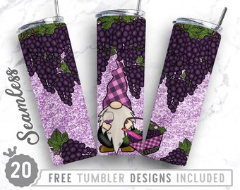 20oz Skinny Tumbler Design Sublimation Template Gnome Wine, Drinking, Grapes, Wine Glass, Wrap Sublimation Straight&Tapered Tumbler,Png
