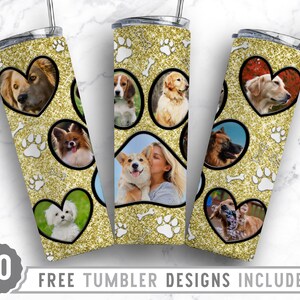 20oz Dog Paw Photo Frame Skinny Tumbler Sublimation Png, Dog Memorial Picture, Collage, Glitter, Png, Straight &Tapered Tumbler Png Design
