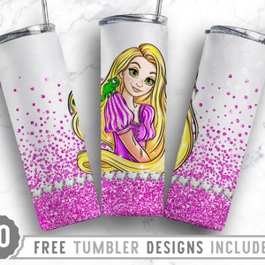 May include: A white tumbler with a pink glitter background and a cartoon image of Rapunzel with her chameleon, Pascal. The tumbler has a white rim and a white lid.