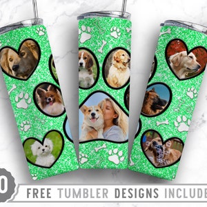 20oz Dog Paw Photo Frame Skinny Tumbler Sublimation Png, Dog Memorial Picture, Collage, Glitter, Png, Straight &Tapered Tumbler Png Design