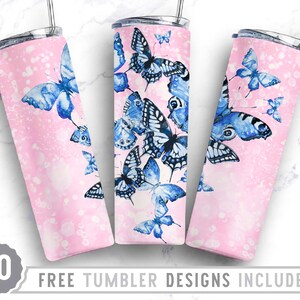 20oz Butterfly Glitter Skinny Tumbler Sublimation Png, Blue Butterflies, Mom, Nurse, Teacher, Png,Wrap Sublimation Straight&Tapered Tumbler