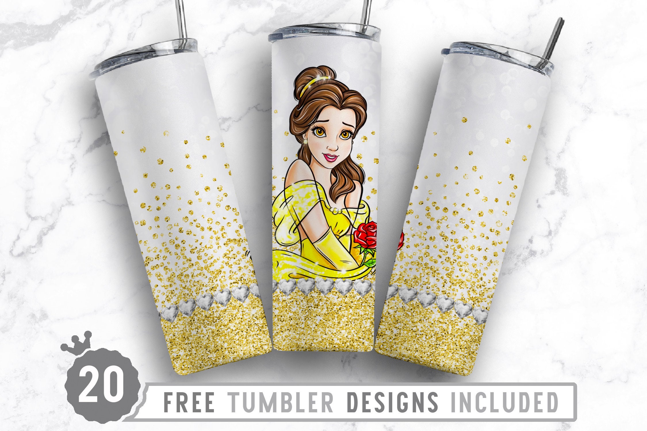 Belle Tumbler, Beauty & the Beast Tumbler Wrap, Gold Glitter