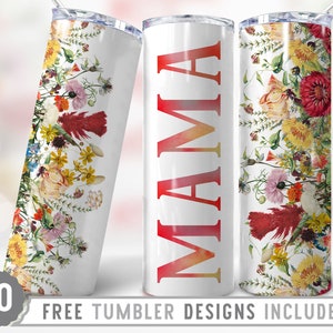 20oz Mama Skinny Tumbler Sublimación Png, Mamá, Día de la Madre, Rosas, Flores, Groovy, Boho, Floral, Png, Vaso Recto y Cónico Diseño Png