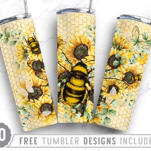 20oz Abeja Girasol Flaco Vaso Sublimación Png, Flor, Miel, Panal, Mariposa, Sublimación, Vaso Recto y Cónico Diseño Png