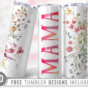 20oz Mama Skinny Tumbler Sublimación Png, Mamá, Día de la Madre, Rosas, Flores, Groovy, Boho, Floral, Png, Vaso Recto y Cónico Diseño Png