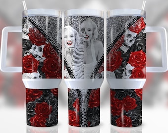 40 Unzen Marilyn Monroe Quencher Tumbler Wrap, Rote und Schwarze Rose, Schädel, Marilyn Monroe Png, Wrap, Sublimation, Seamless, Tumbler Design