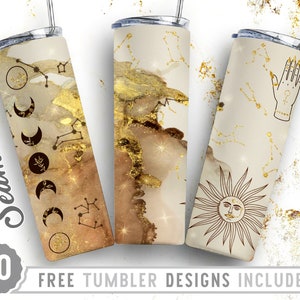 May include: Three stainless steel tumblers with different designs. The first tumbler has a gold and brown watercolour background with a moon phase design. The second tumbler has a gold and brown watercolour background. The third tumbler has a beige background with a sun and hand design. All three tumblers have gold glitter accents. The text "20 FREE TUMBLER DESIGNS INCLUDED" is at the bottom of the image.