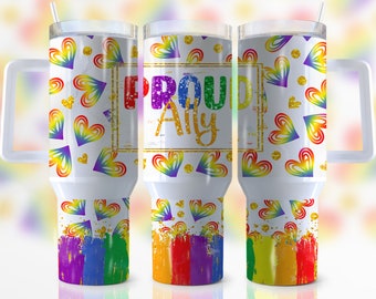 May include: Three white stainless steel tumblers with a rainbow heart pattern and gold glitter. The middle tumbler has the words "Proud Ally" in rainbow letters with gold glitter. The bottom of each tumbler has a rainbow stripe design.