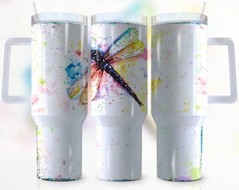 113 cl Dragonfly Quencher-glas, akvarell, färgglad, trollsländor, maskros, blomma, glas, sublimering, tumblerdesign, digital nedladdning
