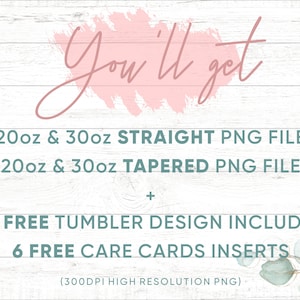 Pu&ograve; includere: Riceverai file PNG dritti e conici da 20 oz e 30 oz per i tumbler, oltre a 20 design di tumbler gratuiti e 6 inserti di carte di cura gratuiti. Tutti i file sono PNG ad alta risoluzione da 300 DPI.