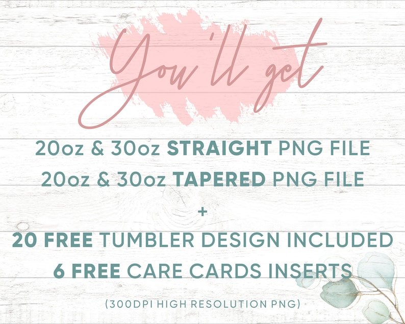Pu&ograve; includere: Riceverai file PNG dritti e conici da 20 oz e 30 oz per i tumbler, oltre a 20 design di tumbler gratuiti e 6 inserti di carte di cura gratuiti. Tutti i file sono PNG ad alta risoluzione da 300 DPI.