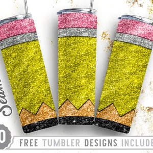 20oz Skinny Tumbler Design Sublimation Template Glitter Pencil,Gift for Her,Back to School,Teacher,Wrap Sublimation Straight&Tapered Tumbler