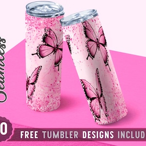 20oz Skinny Tumbler Design Sublimation Template Butterfly, Pink Butterfly Glitter Tumbler, Wrap Sublimation Straight&Tapered Tumbler, Png