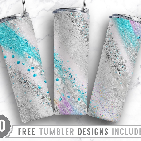 20oz Milkyway Blue Silver Skinny Tumbler Sublimation Png, Marble, Faux Glitter, Ombre,Agate,Sublimation,Straight &Tapered Tumbler Png Design