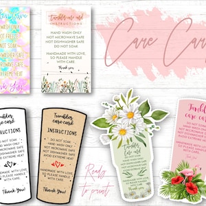May include: A set of printable care cards for tumblers. The cards feature different floral and tropical designs with the text "Tumbler Care Card" and instructions for hand washing, not soaking, not microwaving, not putting in the dishwasher, and avoiding extreme heat. The cards also include the phrase "Handmade with love, so please handle with care."