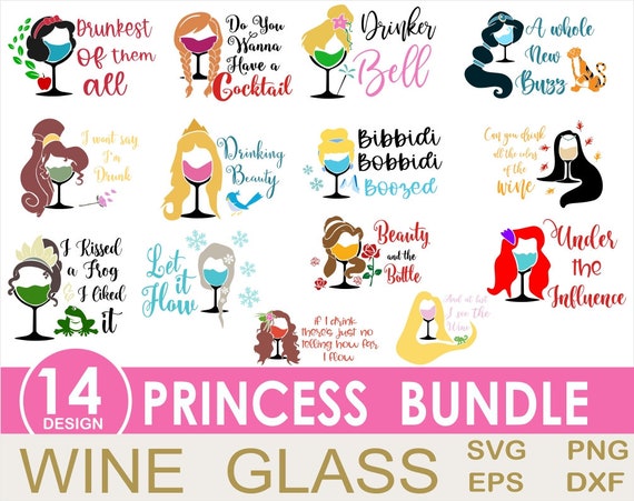 Disney Wine Glass Svg Bundle, Princess Wine Glass Clipart