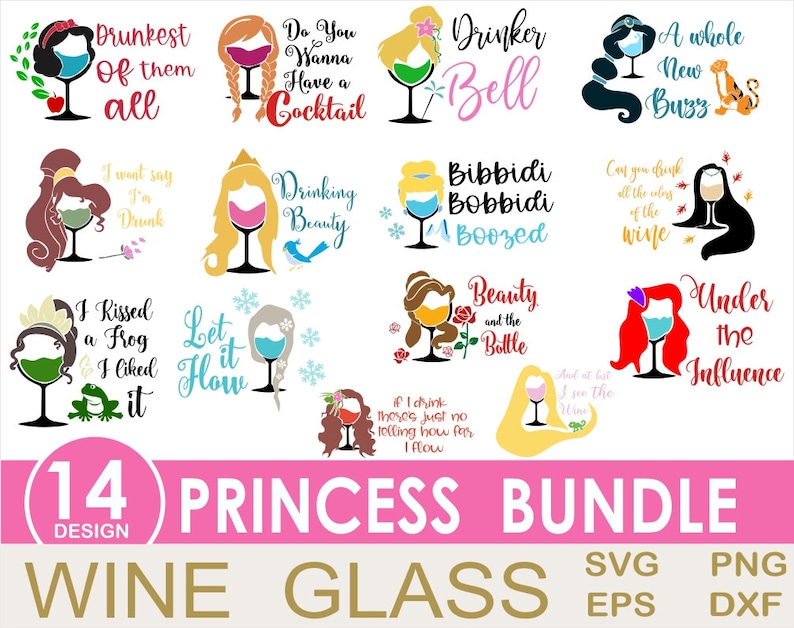 May include: A set of 14 printable designs featuring Disney princesses with wine glasses and humorous sayings. The designs are perfect for creating personalized wine glasses, t-shirts, mugs, and other crafts. The designs include phrases like "Drunkest of them all", "Let it Flow", "Beauty and the Bottle", and "Under the Influence".