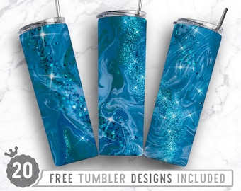 20oz Agate Blue Skinny Tumbler Sublimation Png, Marble, Faux Glitter, Ombre, Milkyway, Sublimation, Png,Straight &Tapered Tumbler Png Design