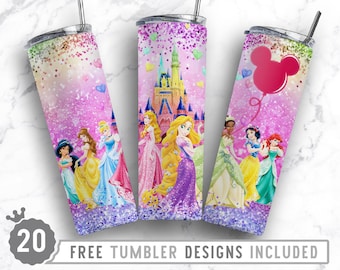 20oz Princess Girl Skinny Tumbler Sublimation Png, Cartoon Character,Princess, Anime, Love, Castle Png, Straight &Tapered Tumbler Png Design