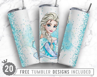 Sublimación de vaso flaco congelado de 20 oz Png, princesa, personaje de dibujos animados, cumpleaños, niñas, sublimación, diseño png de vaso recto y cónico