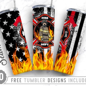 20oz Skinny Tumbler Wrap Design,Firefighter Tumbler Png, Fire Rescue,Fireman,USA Flag Firefighter, Wrap Sublimation Straight&Tapered Tumbler