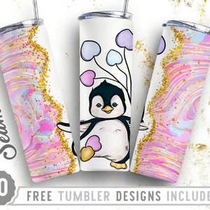 Penguin 20oz Skinny Tumbler Wrap Design, Gift For Her, Valentine&#39;s Day,  Cute Glitter, Straight&Tapered Tumbler Design, Digital Download,Png