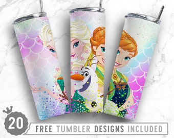 Sublimación de vaso flaco congelado de 20 oz Png, princesa, personaje de dibujos animados, cumpleaños, niñas, sublimación, diseño png de vaso recto y cónico