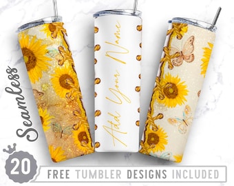 Sunflower Add Your Own Text Name 20oz Skinny Tumbler Wrap Design PNG, Monogram Sublimation Tumbler, Straight&Tapered Tumbler Design, Png