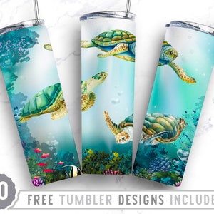 May include: Three stainless steel tumblers with sea turtle designs. The tumblers feature an underwater scene with green sea turtles, coral, and fish. The text "FREE TUMBLER DESIGNS INCLUDED" is at the bottom.