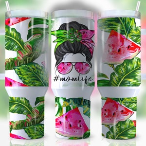 40oz Messy Bun Mom Life Quencher Tumbler Wrap, Summer Fruit, Watermelon, Melon, Summer Vibes, Wrap, Sublimation, Png,Seamless,Tumbler Design