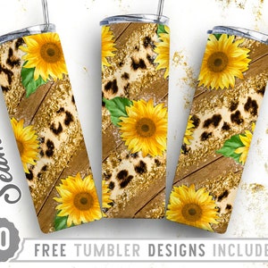 May include: Three 20 oz stainless steel tumblers with a seamless design featuring a wood grain background, leopard print, and sunflowers. The tumblers are perfect for everyday use.